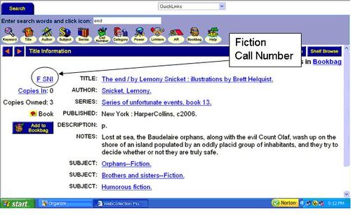 A fiction book record in the online library catalog